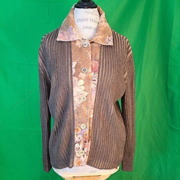 Blue Willi's Womens Brown Floral Collared Cardigan Sweater Medium‎ - Picture 1 of 5
